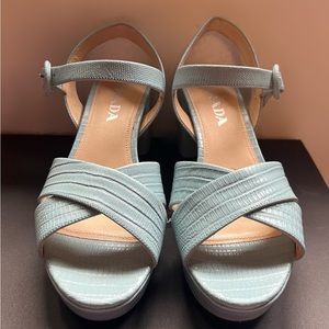 Prada blue patent leather sandal wedge